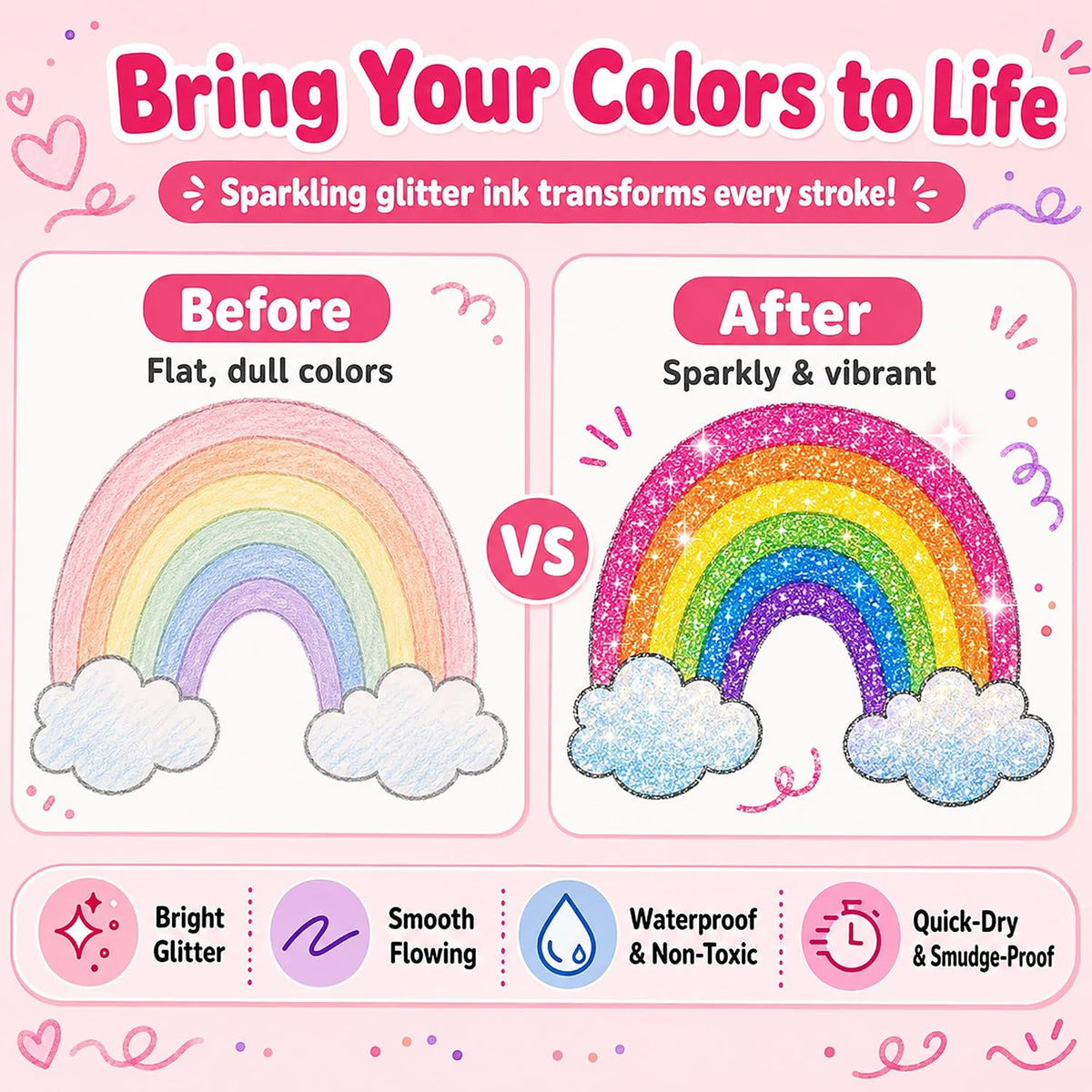 🎨Glitter Effect Brush Markers🥇✨: Create Sparkling Art Smoothly 🥳(🌈24-96 Colors | Smooth No Clog | No Bleed Through📝)