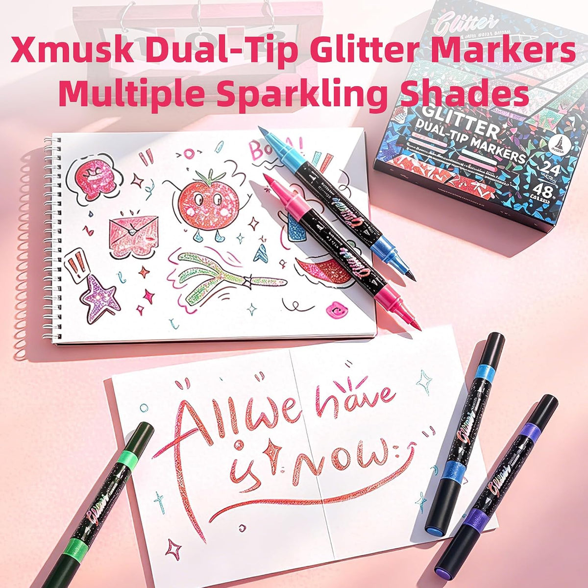 🎨Glitter Effect Brush Markers🥇✨: Create Sparkling Art Smoothly 🥳(🌈24-96 Colors | Smooth No Clog | No Bleed Through📝)