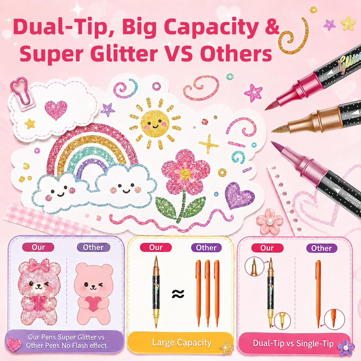 🎨Glitter Effect Brush Markers🥇✨: Create Sparkling Art Smoothly 🥳(🌈24-96 Colors | Smooth No Clog | No Bleed Through📝)