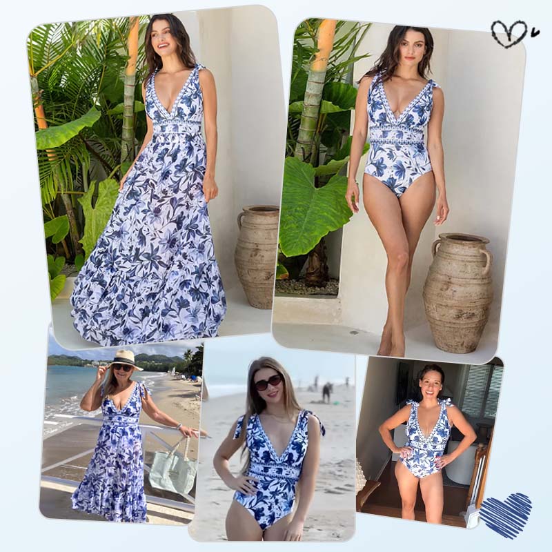 💥 Special Sale 49% OFF💥 V Neck Lace Up Printed One Piece Swimsuit and Skirt