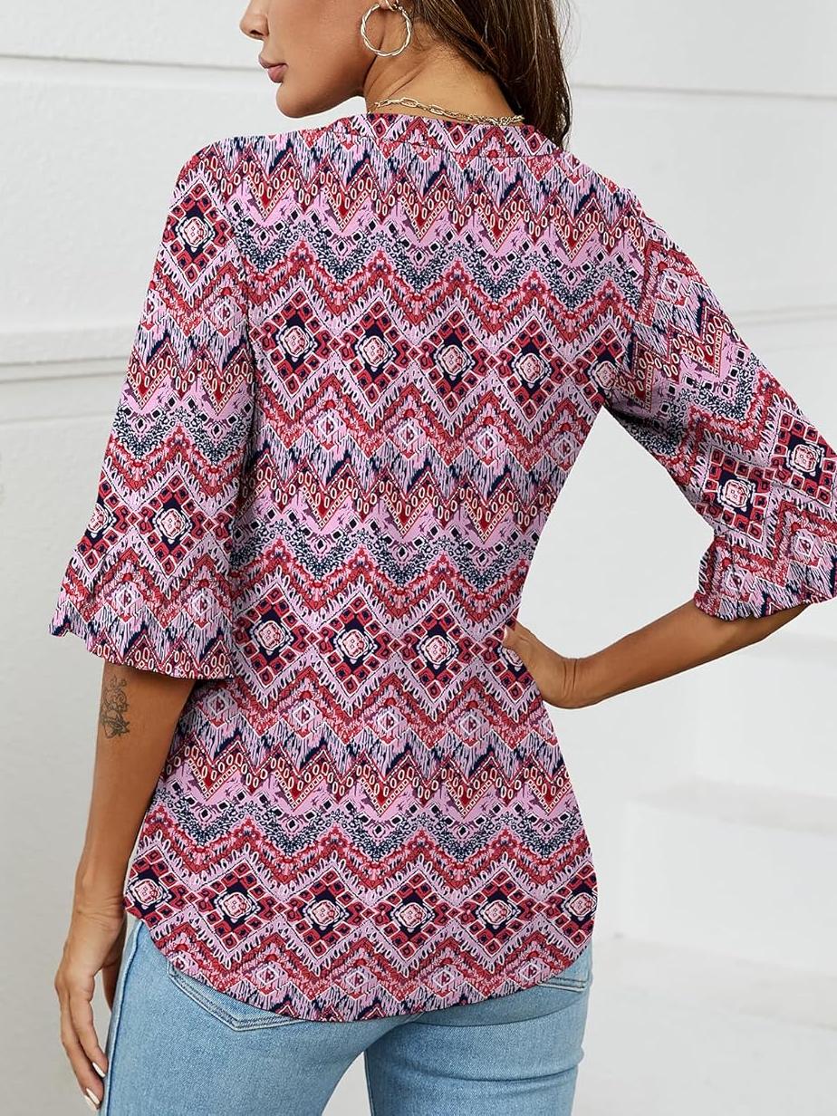 💕Limited time sale 50% off👚Womens 3/4 Length Sleeve V-Neck Eyelet Casual Ruffle Sleeve Tunic Blouses
