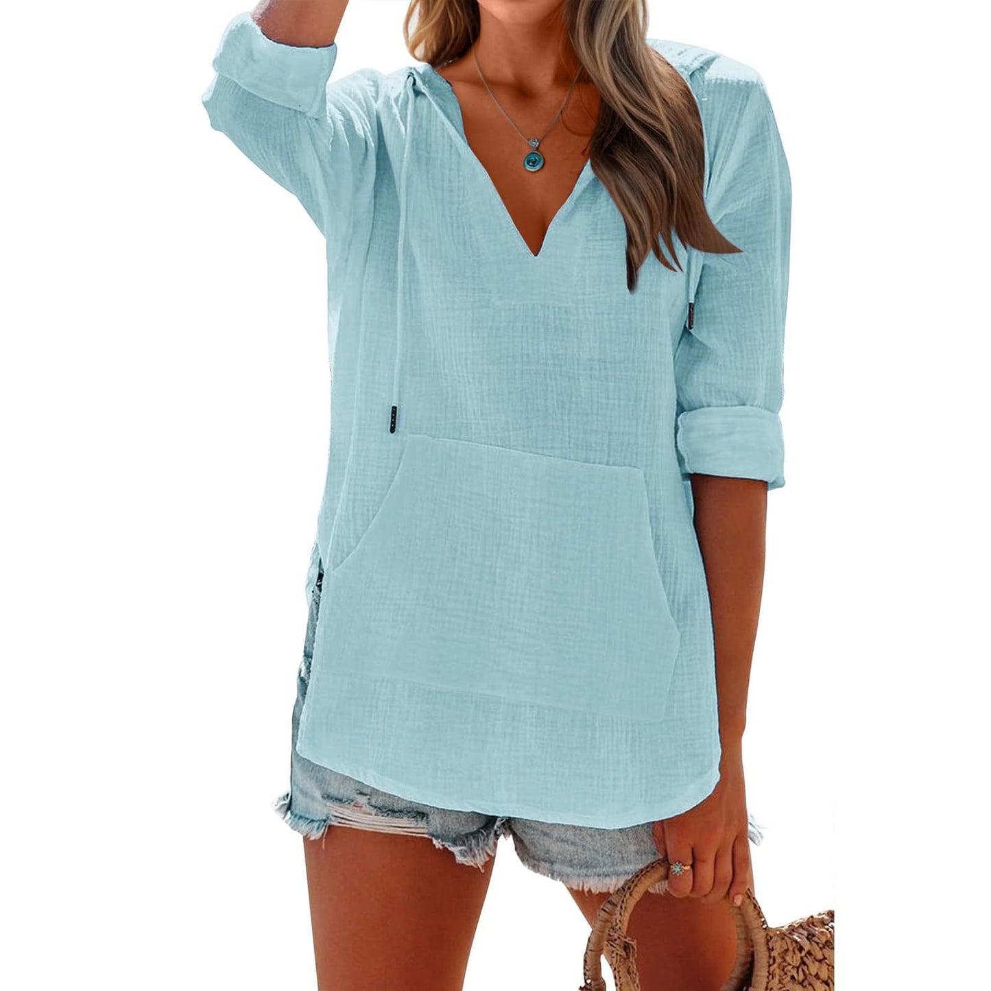 💕Women's Oversized Hooded Beach Cover Up - Long Sleeve V-Neck Pocket Shirt🎽