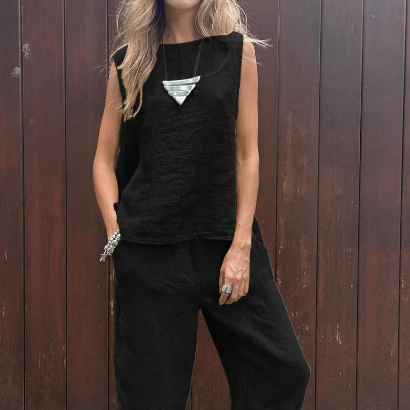 🌸2025 HOT SALE 49% OFF🌸Women's Casual Solid Color Round Neck Vest Trousers Cotton and Linen Two-piece Set