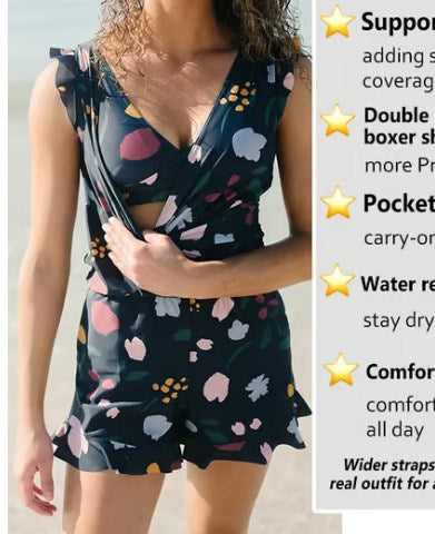 🎉Vacation Sale🔥😍Swim Romper Built-in Bra & Shorts with Pockets