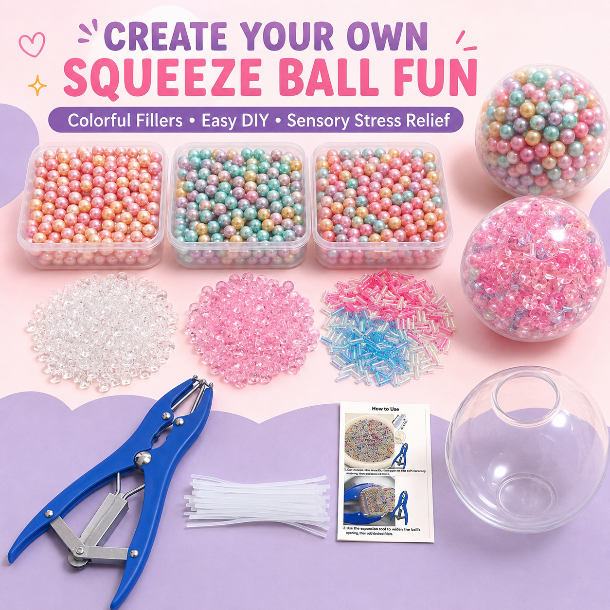 🔥HOT SALE 50% OFF🎁 ✨ DIY Stress Ball Making Kit, Includes 6 Filling Packs, 10 Transparent Blank Soft Skins, Expansion Tool, Ideal for Adult Stress Relief, Squishy Maker