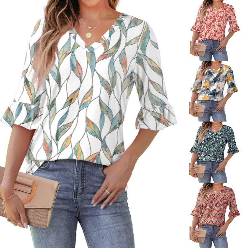 💕Limited time sale 50% off👚Womens 3/4 Length Sleeve V-Neck Eyelet Casual Ruffle Sleeve Tunic Blouses