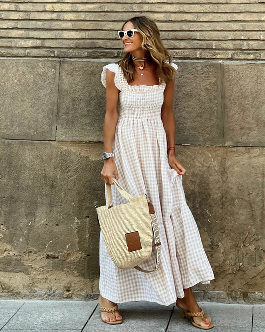 💥Last Day Special Sale 49% OFF💃Women's Retro Plaid Smocked Dress Spaghetti Strap Flounce Long Dress With Pockets
