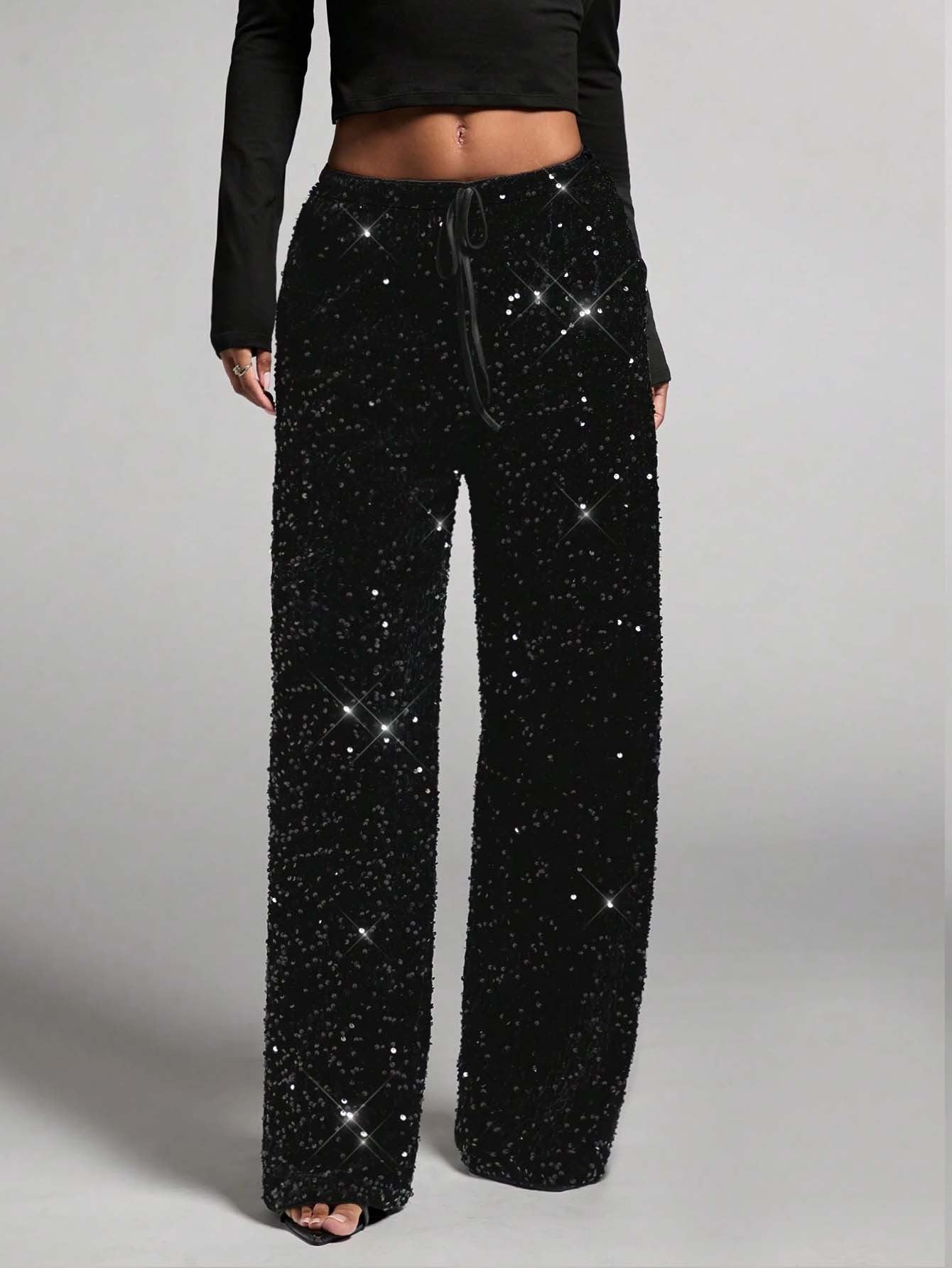 🎄LAST DAY SALE 50% OFF🥰Women's Sequin Sparkle Wide Leg Pants with Elastic Waistband