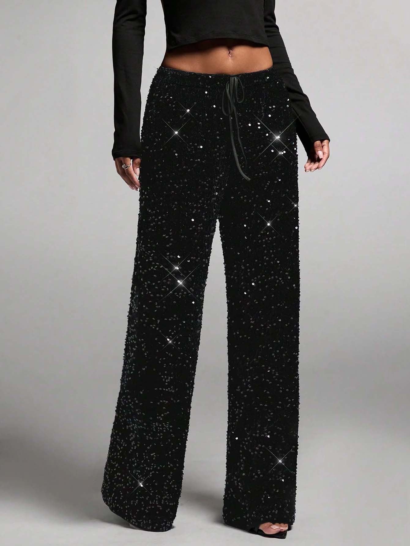 🎄LAST DAY SALE 50% OFF🥰Women's Sequin Sparkle Wide Leg Pants with Elastic Waistband