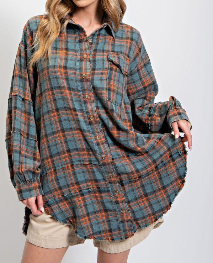 ⏰Early Autumn Sales 50% OFF🍂Women's Mineral Washed Button Down Plaid Shirt With Pockets