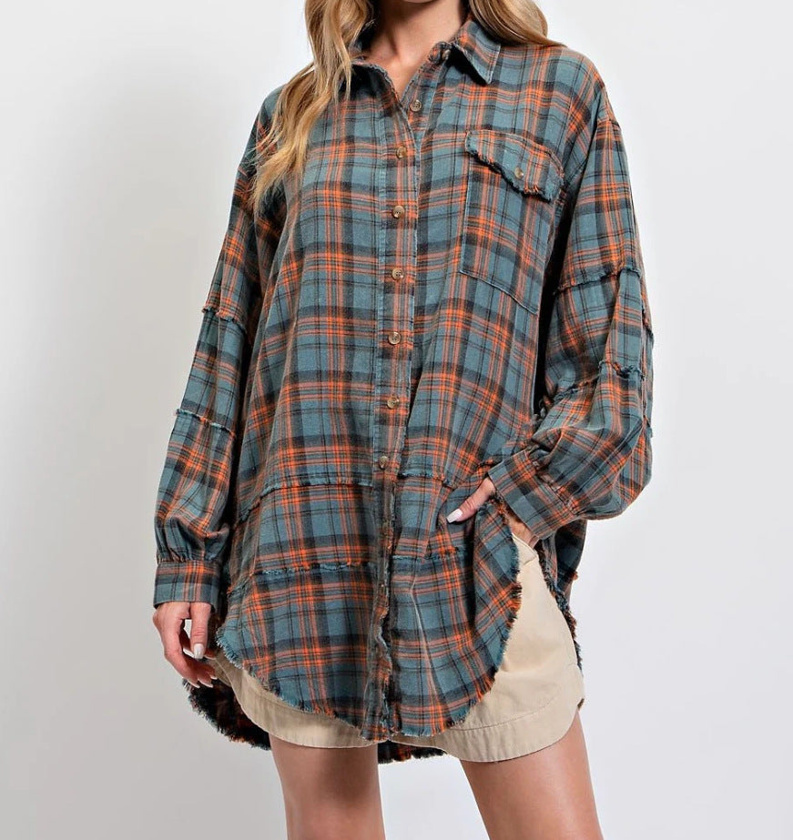 ⏰Early Autumn Sales 50% OFF🍂Women's Mineral Washed Button Down Plaid Shirt With Pockets