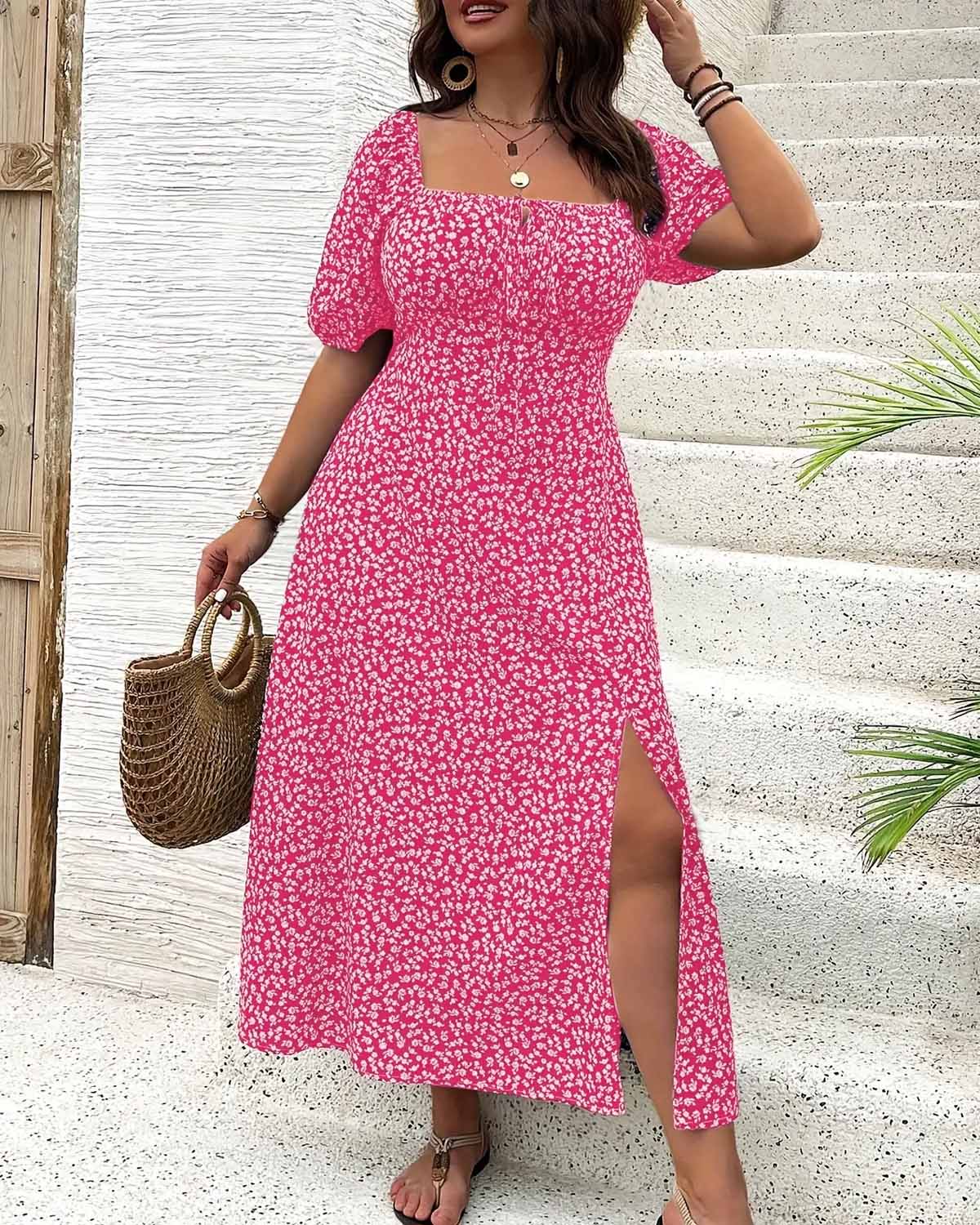 💃Summer Hot Sale-49% OFF💗Plus Size Split Floral Print Boho Maxi Dress