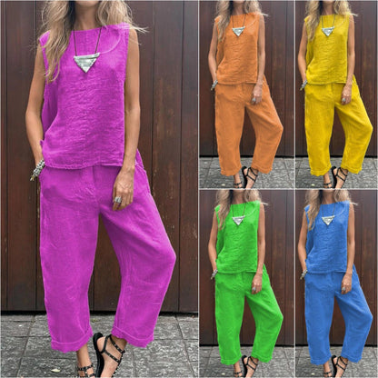 🌸2025 HOT SALE 49% OFF🌸Women's Casual Solid Color Round Neck Vest Trousers Cotton and Linen Two-piece Set