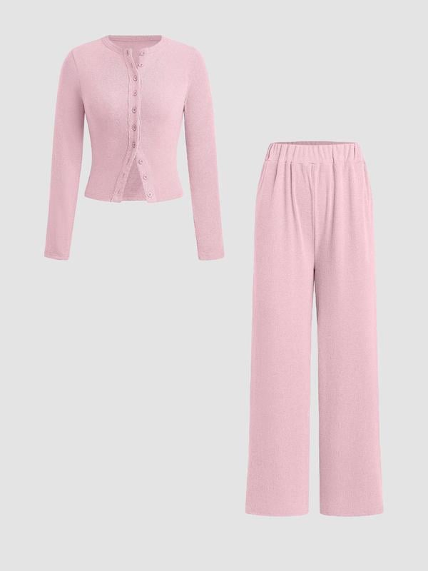 🌈2025 Autumn Hot Sale 49%OFF 🌈 Slim-Fit Long-Sleeve Button-Up Top & Wide-Leg Pants 2-Piece Set