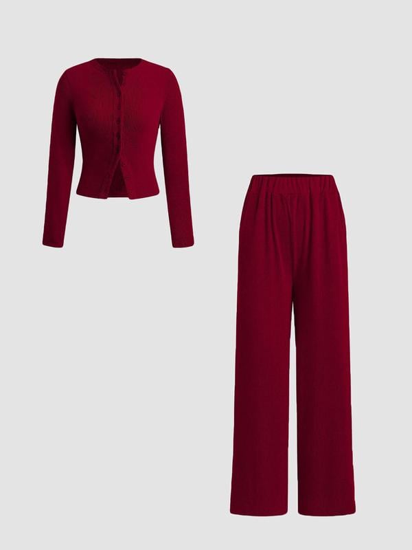 🌈2025 Autumn Hot Sale 49%OFF 🌈 Slim-Fit Long-Sleeve Button-Up Top & Wide-Leg Pants 2-Piece Set
