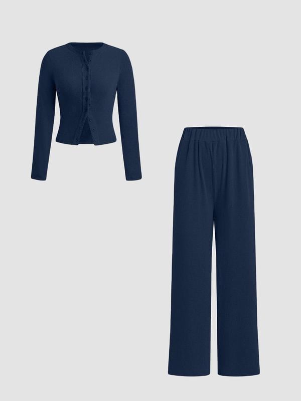 🌈2025 Autumn Hot Sale 49%OFF 🌈 Slim-Fit Long-Sleeve Button-Up Top & Wide-Leg Pants 2-Piece Set