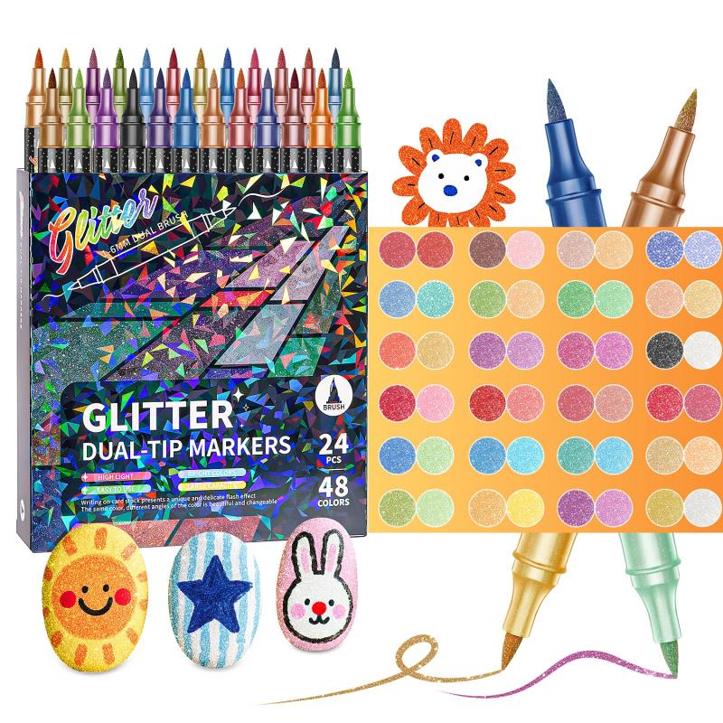 🎨Glitter Effect Brush Markers🥇✨: Create Sparkling Art Smoothly 🥳(🌈24-96 Colors | Smooth No Clog | No Bleed Through📝)1