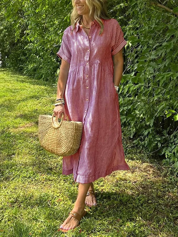 🔥LAST DAY SALE 50% OFF🔥Striped Lapel Button Down Shirt Dress | With Functional Pockets