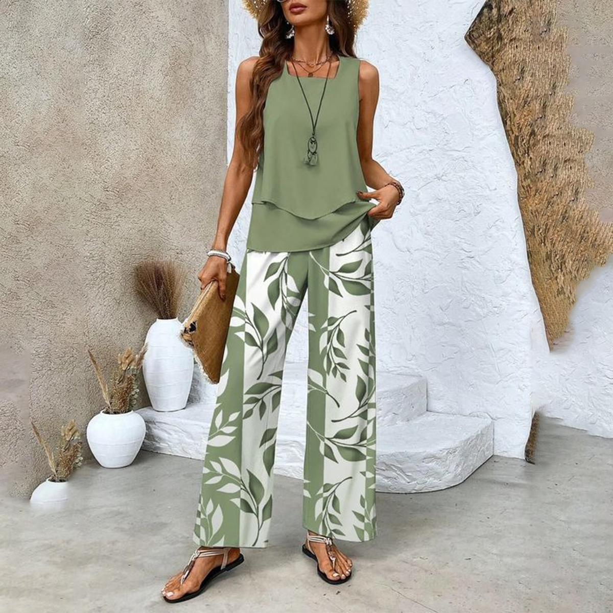 🔥 Hot Sale 50% OFF🌺Women's Trendy Print 2 Piece Outfits Sleeveless Top & Pants