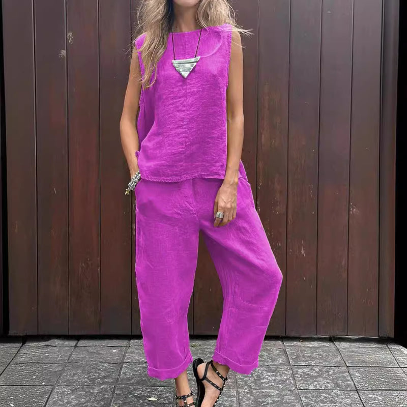 🌸2025 HOT SALE 49% OFF🌸Women's Casual Solid Color Round Neck Vest Trousers Cotton and Linen Two-piece Set