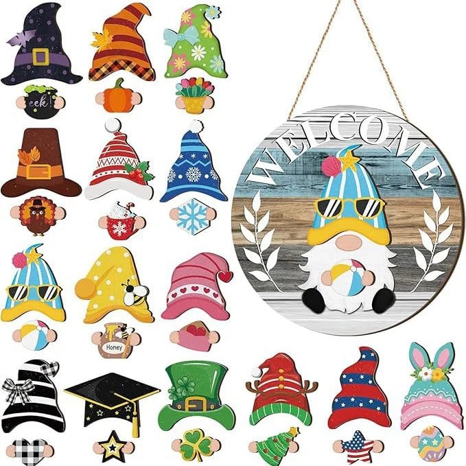 🍁Christmas Best Decorations🎄Interchangeable Wooden Gnome Welcome Sign🎈