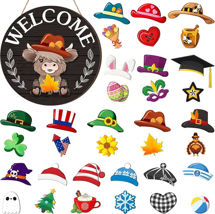 🍁Christmas Best Decorations🎄Interchangeable Wooden Gnome Welcome Sign🎈