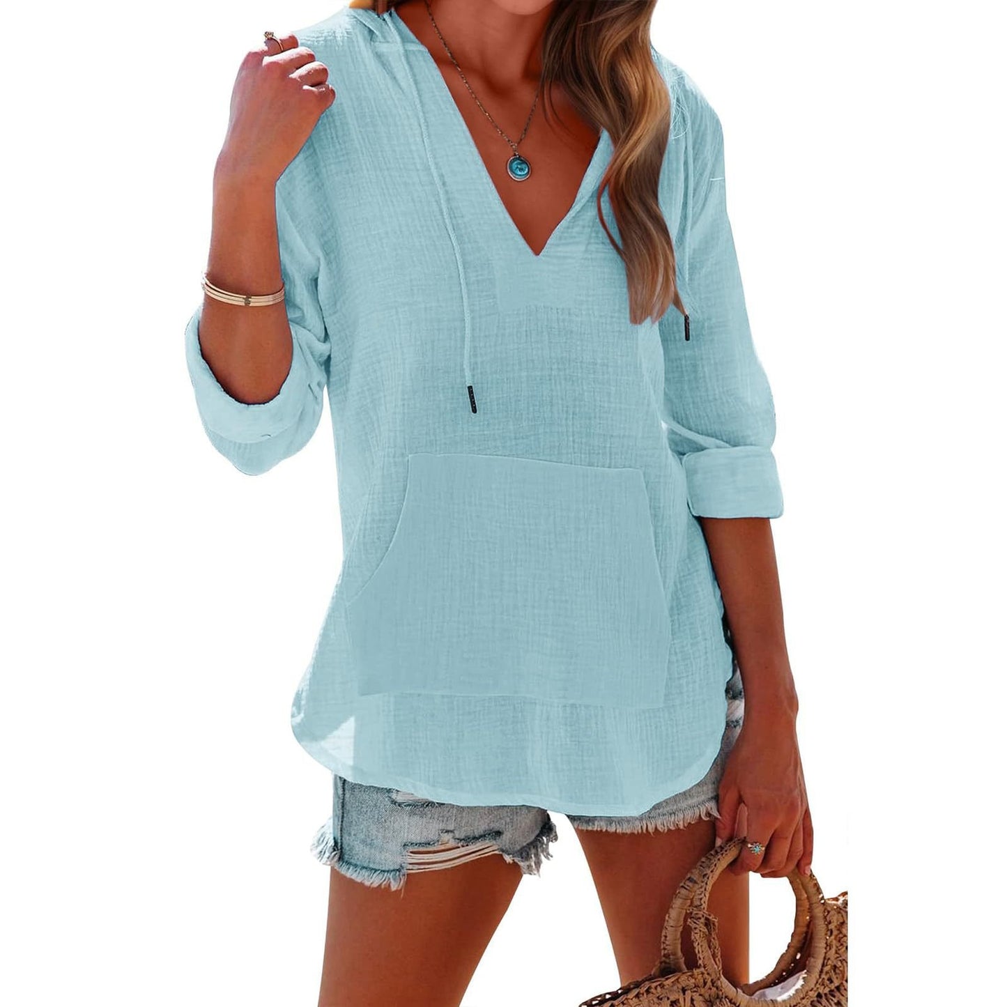 💕Women's Oversized Hooded Beach Cover Up - Long Sleeve V-Neck Pocket Shirt🎽