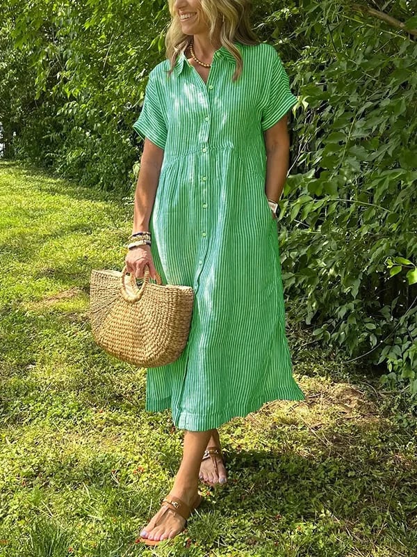 🔥LAST DAY SALE 50% OFF🔥Striped Lapel Button Down Shirt Dress | With Functional Pockets