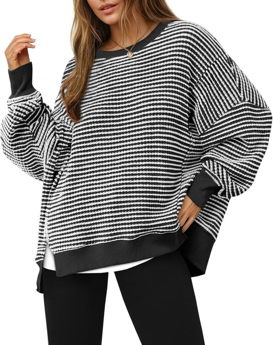 ⏰Hot Sale-Women's Oversized Sweatshirt Waffle Long Sleeve Split Pullover Tunic Tops