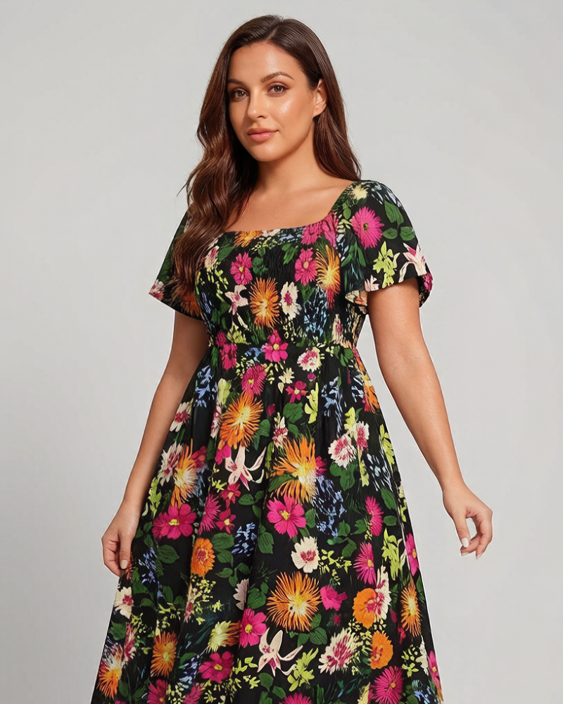 ⏰Summer Hot Sale 70% OFF💃Floral Smocked Square Neck Midi Dress with Pockets