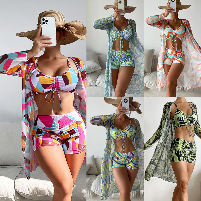 2025 New👙  3 Pieces Bikini Set Swimsuit Tropical Beach Cover up Kimono Swimwear Bathing Suit
