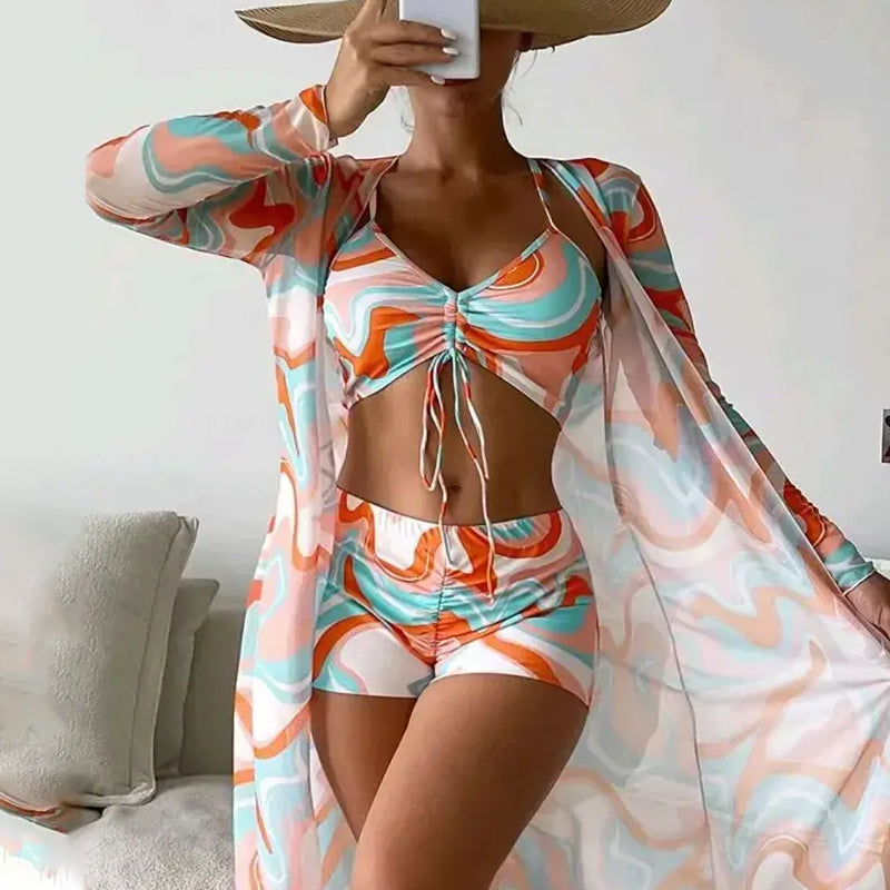 2025 New👙  3 Pieces Bikini Set Swimsuit Tropical Beach Cover up Kimono Swimwear Bathing Suit