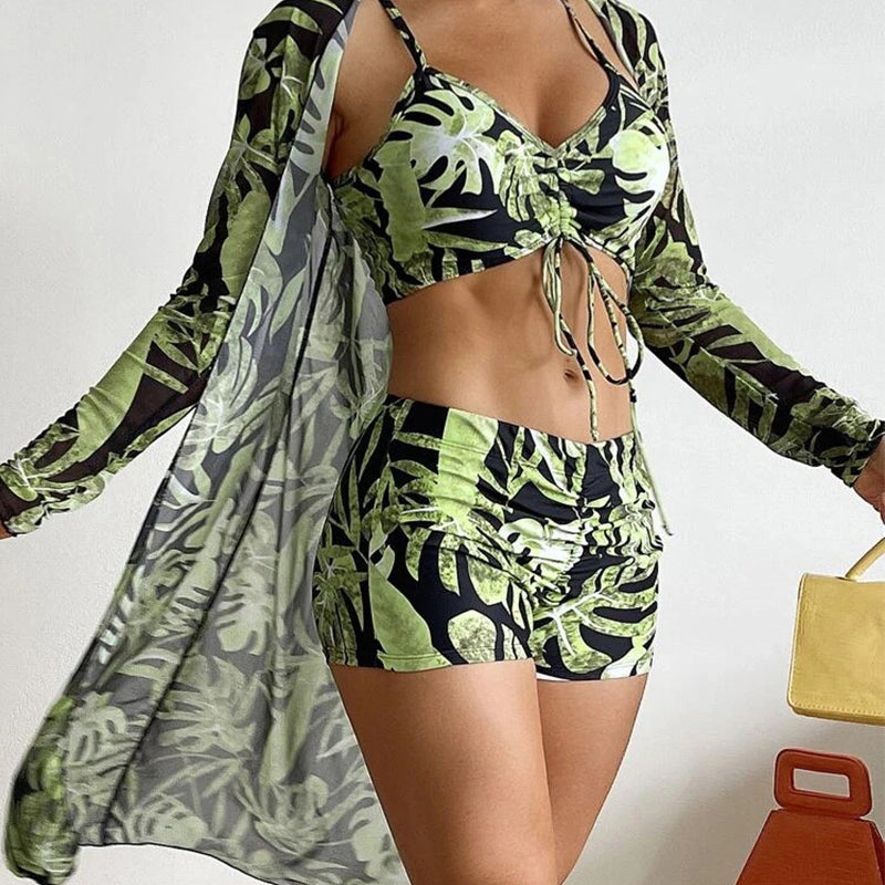 2025 New👙  3 Pieces Bikini Set Swimsuit Tropical Beach Cover up Kimono Swimwear Bathing Suit