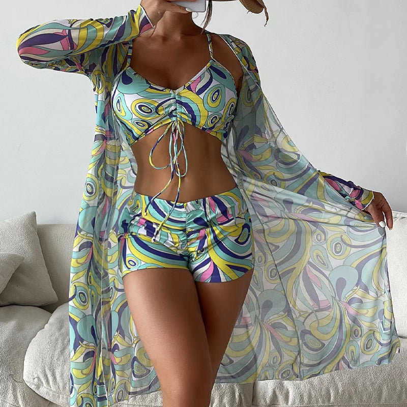 2025 New👙  3 Pieces Bikini Set Swimsuit Tropical Beach Cover up Kimono Swimwear Bathing Suit