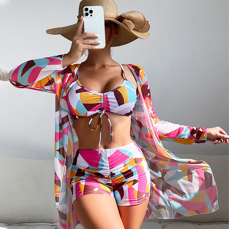 2025 New👙  3 Pieces Bikini Set Swimsuit Tropical Beach Cover up Kimono Swimwear Bathing Suit