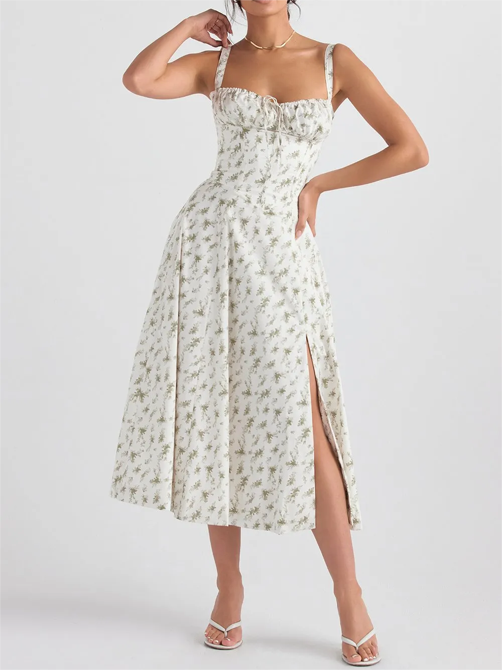 💕HOT SALE 49% OFF💕Frenchy Style All Over Print Ruched Women Lace Up Dress🌸