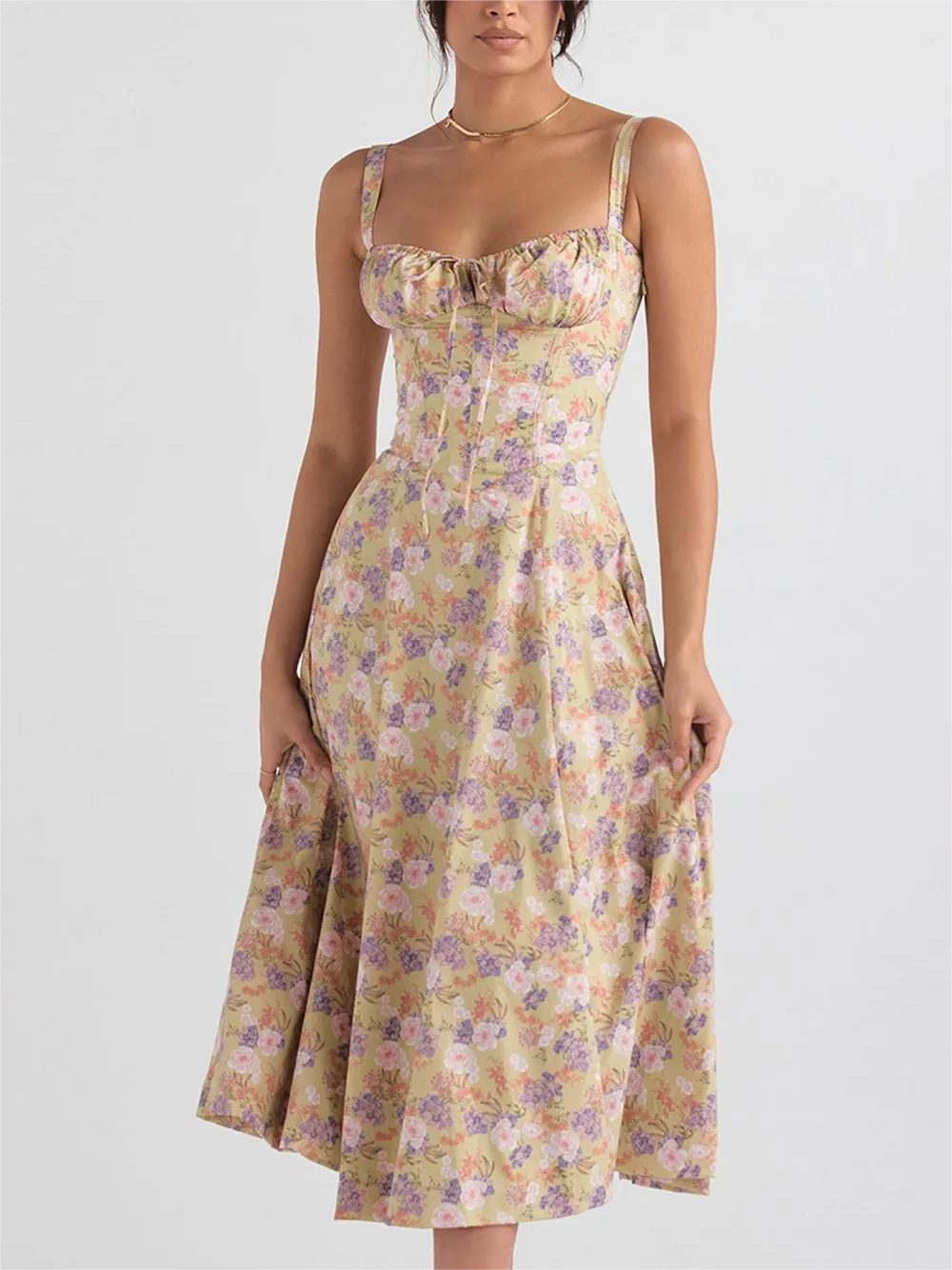 💕HOT SALE 49% OFF💕Frenchy Style All Over Print Ruched Women Lace Up Dress🌸