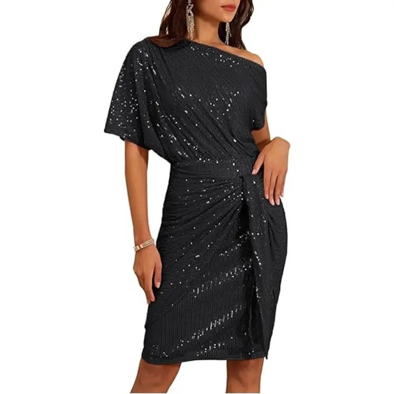 🖤Black Friday Flash Deal⚡Sparkly One-Shoulder Ruched Dress (50% OFF)
