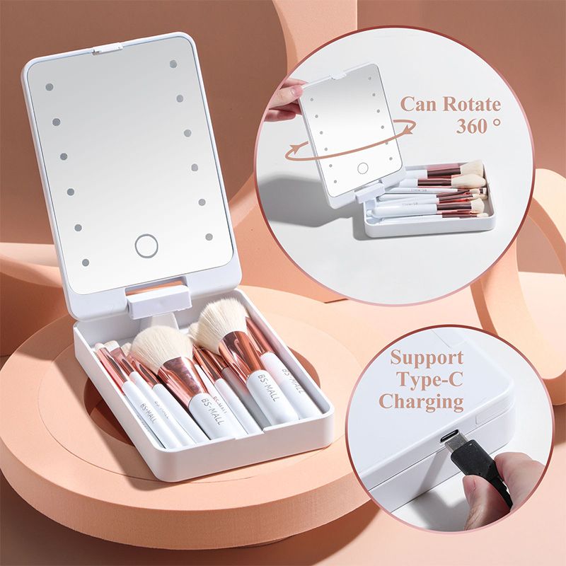 🔥 Big Sale 50% OFF🌈Travel Makeup Brush Set with LED Light Mirror