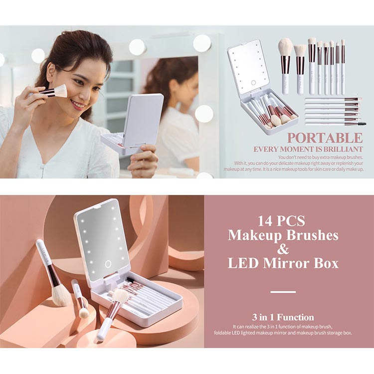 🔥 Big Sale 50% OFF🌈Travel Makeup Brush Set with LED Light Mirror