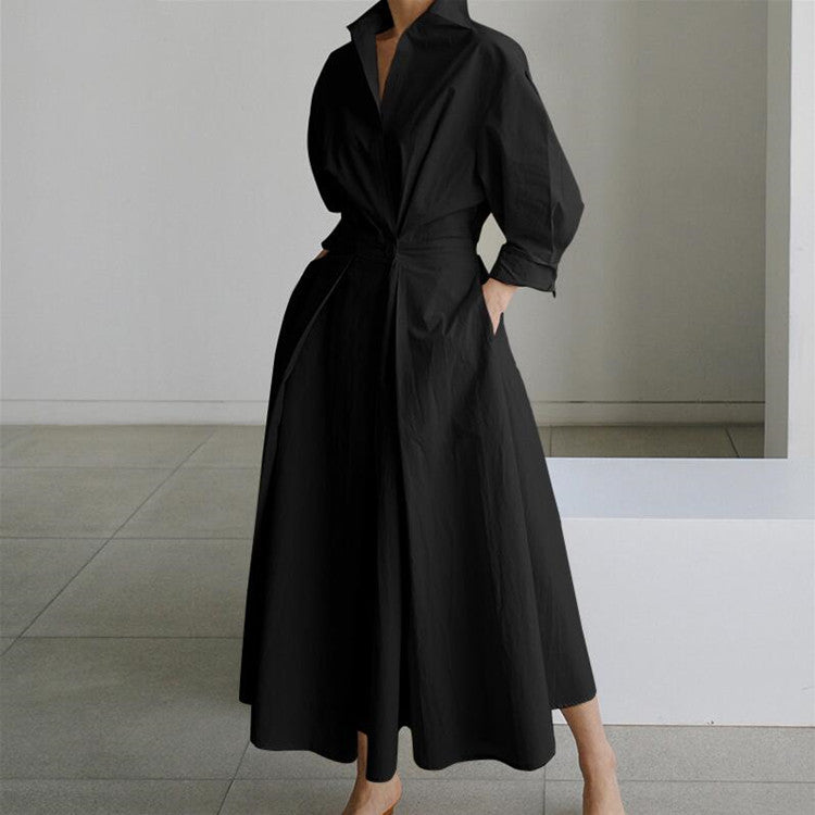 💥2025 Hot Sale💕Women's Plain Cotton Lapel Shirt Wrap Dress
