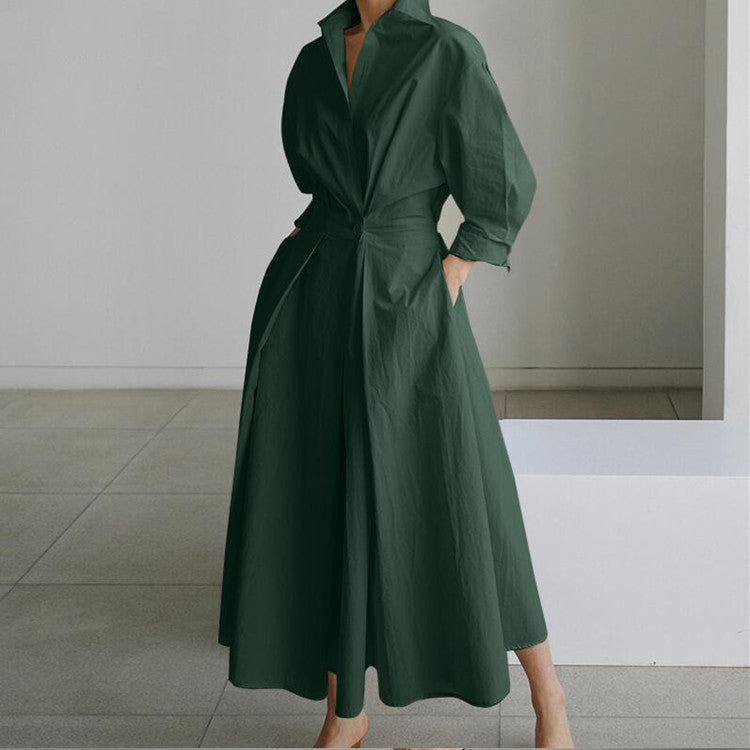 💥2025 Hot Sale💕Women's Plain Cotton Lapel Shirt Wrap Dress