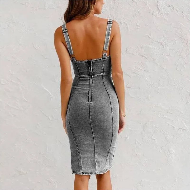 💕HOT SALE 50% OFF 💕 Adjustable strap U-neck split denim bodycon cami dress