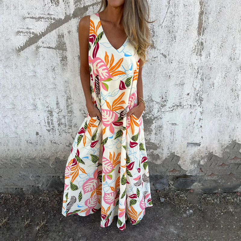 💕2025 HOT SALE 50% OFF 💕 Women's Leaves Pattern V-Neck Sleeveless Floor-Length Dress