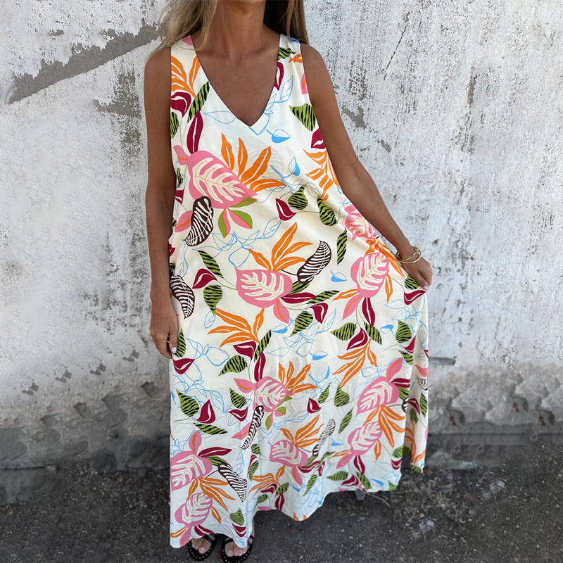 💕2025 HOT SALE 50% OFF 💕 Women's Leaves Pattern V-Neck Sleeveless Floor-Length Dress