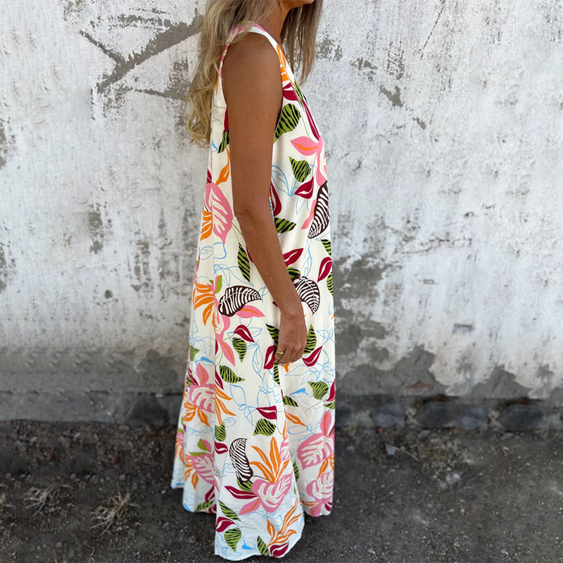 💕2025 HOT SALE 50% OFF 💕 Women's Leaves Pattern V-Neck Sleeveless Floor-Length Dress
