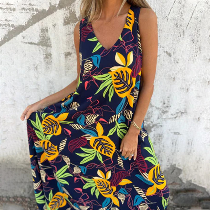 💕2025 HOT SALE 50% OFF 💕 Women's Leaves Pattern V-Neck Sleeveless Floor-Length Dress