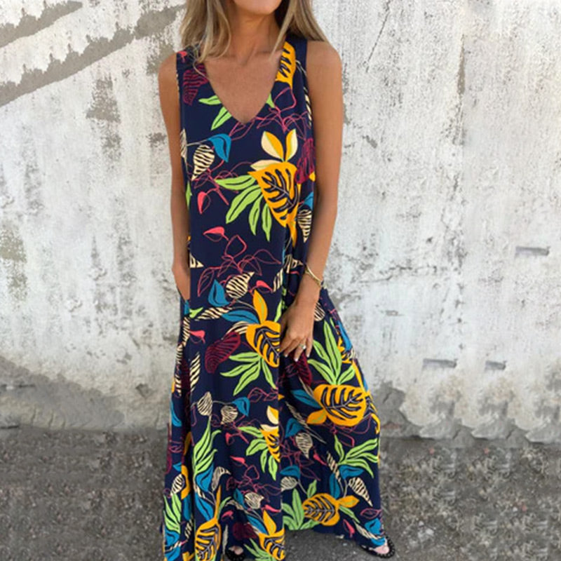 💕2025 HOT SALE 50% OFF 💕 Women's Leaves Pattern V-Neck Sleeveless Floor-Length Dress
