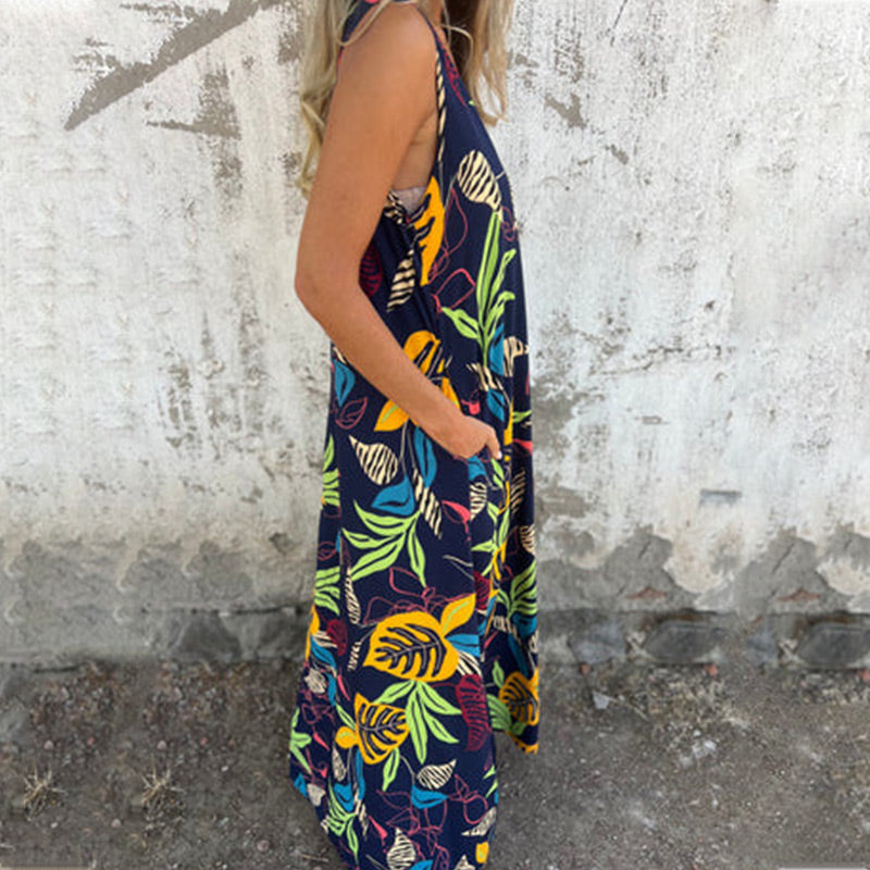 💕2025 HOT SALE 50% OFF 💕 Women's Leaves Pattern V-Neck Sleeveless Floor-Length Dress