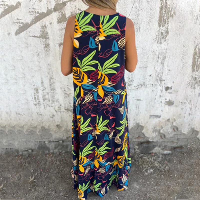 💕2025 HOT SALE 50% OFF 💕 Women's Leaves Pattern V-Neck Sleeveless Floor-Length Dress